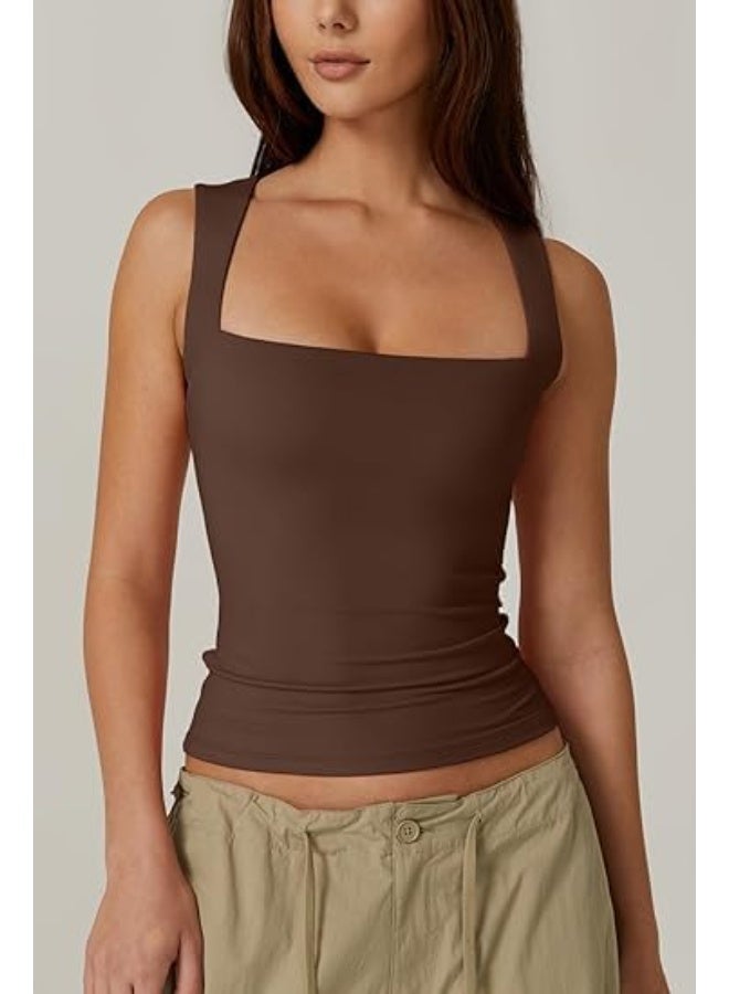 CLENEA Women's Square Neck Sleeveless DoubleLayer Vest Basic Tight T-Shirt Women's Camisole Fashionable TightFitting Inner Fitness Top - Image 5
